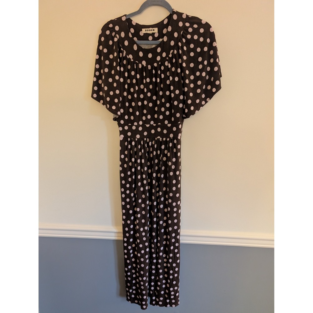 Boden Yoke Panel Maxi Dress Brown Pink Polka Dot Pockets size 4P flowy y2k